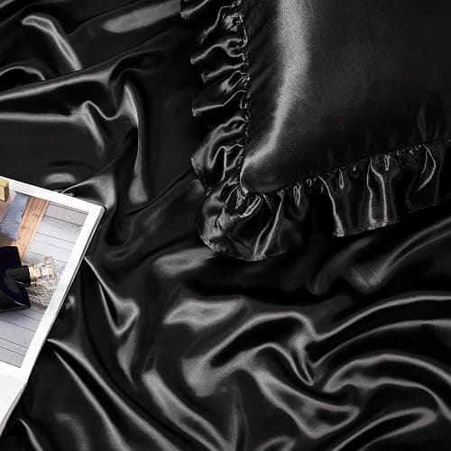 Homiest Ruffled Satin Sheets Full Size 6pc Set - Black Bed Sheet Set with 15 Inch Deep Pocket Fitted Sheet, 1 Flat Sheet, 2 Ruffled Pillow Shams & 2 Pillowcases, Similar to Silk Sheets thumbnail 4