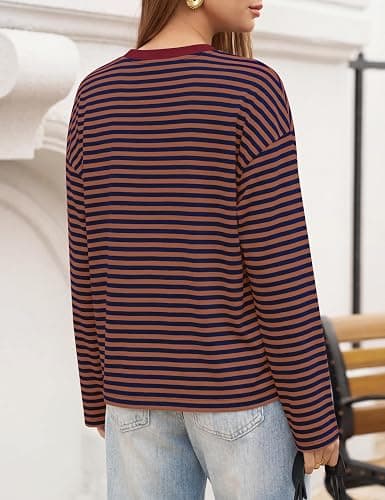 LOMON Striped Long Sleeve Shirt Women Y2k Oversized Crewneck Fall Spring Drop Shoulder Vintage Tops Teen Girl Clothes thumbnail 3