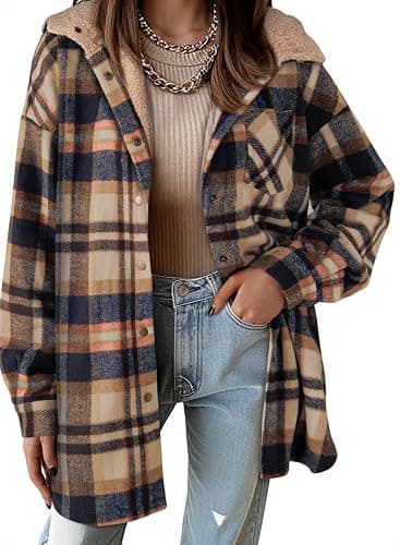 Dokotoo Women's Flannel Hooded Plaid 2025 Shacket Thick Coat Winter Coat for Warmth Button down Warm and Fuzzy Fleece Jacket - Image 1