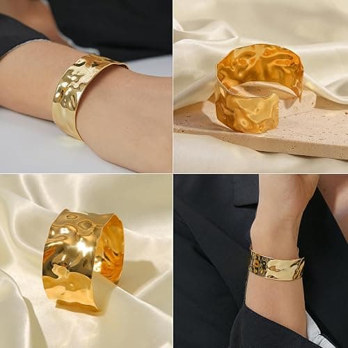 WOWORAMA Hammered Chunky Cuff Bracelets for Women Vintage Boho Wide Bangle Bracelets Irregular Statement Bracelet Thick Arm Cuff Gold Silver Bracelet thumbnail 6