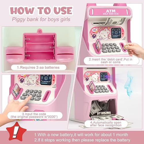 Rabbit ATM Piggy Bank for Girls with Automatic Bill Roller, Electronic Coin Bank with Simulated Card Slot & Facial Recognition, ATM Money Saving Box with Music Function for Kids(Pink) thumbnail 6