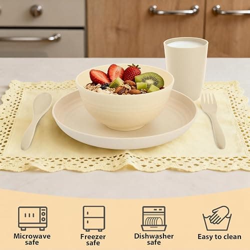Perlapoc Kitchen Wheat Straw Dinnerware Sets for 4, Unbreakable Kids Dish Set 20 PCS - Dinner Plate/Cereal Bowl/Cup/Fork/Spoon, for Outdoor Camping, RV, Apartment Essentials - Beige thumbnail 5
