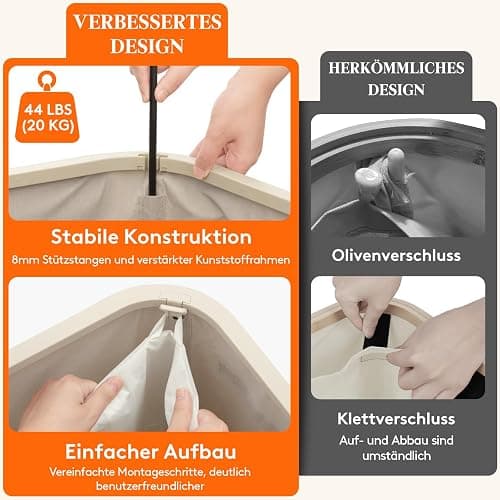 Lifewit 165L Wäschekorb mit Deckel und 3 Fächern, Beige | Großer faltbarer Wäschesortierer mit 3 Wäschesäcken und Tragegriffen für Schlafzimmer, Bad und Waschküche thumbnail 5