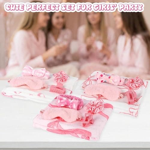 WAYASDCU 30 Pcs Sleepover Party Supplies for Girls, 6 Style Cute Pink Bow Blanket 6 Hair Clips 6 Hair Ties 6 Plush Pink Eye Mask Cover 6 Coral Fleece Spa Headband for Slumber Party Supplies for Girls thumbnail 6