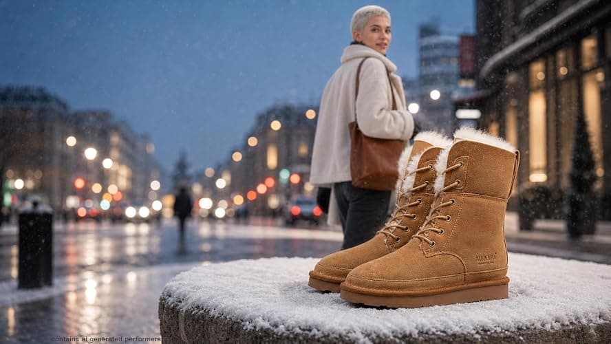 AU&MU Aumu Womens Shearling Leather Sheepskin Classic Lace up Mid Calf Flat Fur Winter Snow Boots… thumbnail 7