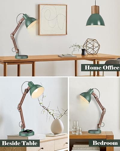 ELYONA LED Desk Lamp with Wireless Charger, Sapele Wood Reading Light with USB C Charging Port, Swing Arm Table Lamp for Home Office, College Dorm, Bedroom Living Room, Bulb Included, Vintage Green thumbnail 3