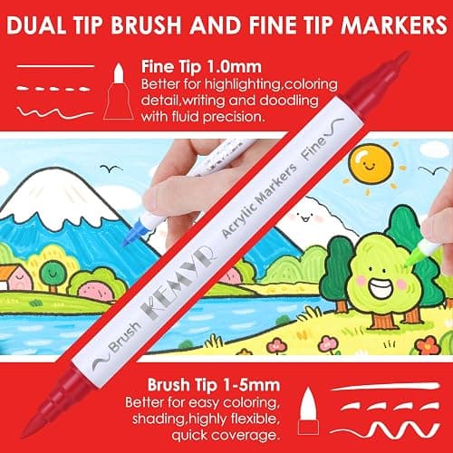 KEMYR 100 Colors Acrylic Paint Pens, Dual Tip brush and fine tip Acrylic Paint Markers for Paper, Wood, Canvas, Stone, Rock Painting, Glass, Fabric, DIY, Ceramic, Art Supplies thumbnail 3