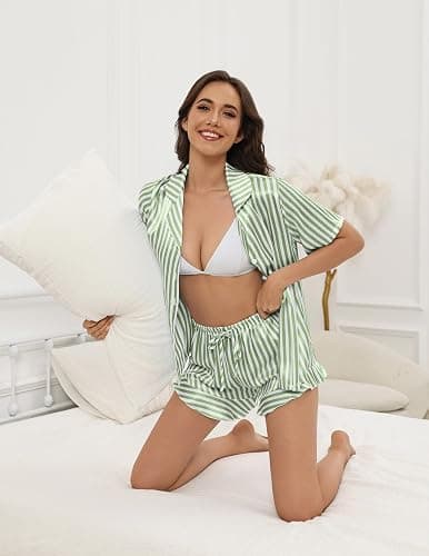 SHEFOTY Silk Pajamas for Women Button Down 2 Piece Satin Pjs Shorts Set Ruffle Notch Collar Sleepwear Loungewear thumbnail 3