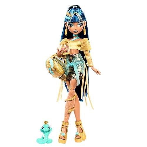 Monster High Cleo De Nile Doll in Golden Blouse & Layered Skirt, Includes Pet Cobra Hissette & Accessories Like a Backpack, Snack & Scroll thumbnail 2