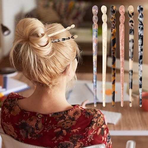 6+4P Acetate Hair Sticks Set, Coldairsoap 2 Styles Tortoise Shell Hair Pins U-Shaped Straight Chopsticks 10 Colors Vintage French Hair Forks for Women (Classic) thumbnail 5