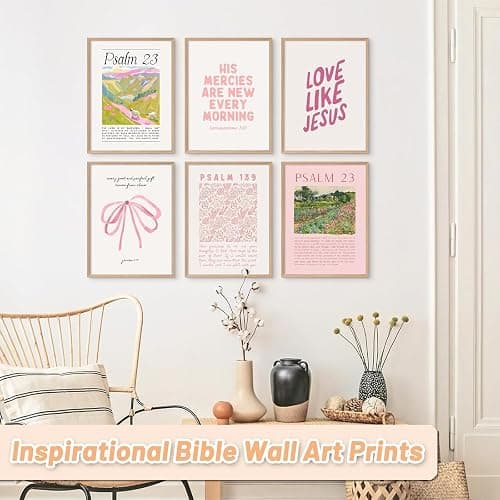 Wonninek Pink Christian Wall Art Decor Posters, Pink Bow Bathroom Bedroom Dorm Wall Art Decor Aesthetic for College Teen Girls Gifts, Inspirational Bible Verses Bow Wall Decor, 8x10 Inch Set of 6 Pcs Unframed thumbnail 5
