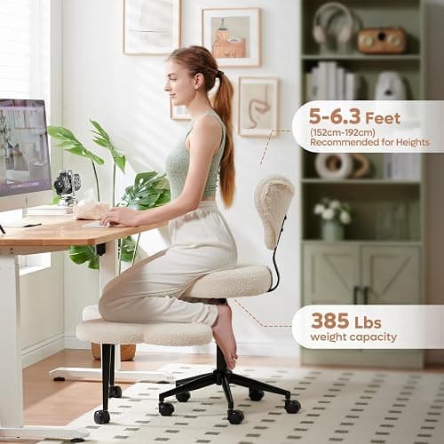 Pinmoco Ergonomic Cross Legged Chair, 360° Swivel Meditation Chair with Wheels, Height Adjustable Seat for ADHD, Strong Lumbar Support, Chic Home Office Furniture, Teddy Fabric, Off White thumbnail 4