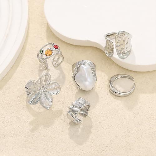 Otxas Chunky Gold Rings for Women Adjustable Statement Rings Baroque Pearl Flower Ring Stackable Rings Set 6Pcs Chunky Jewelry - Silver thumbnail 4