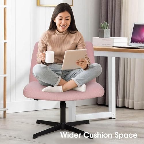 PayLessHere Criss Cross Chair Armless Office Chair No Wheels Modern Swivel Height Adjustable Ergonomic Desk Chair with Wide Seat Computer Task Vanity Chair for Home Office,Pink thumbnail 2