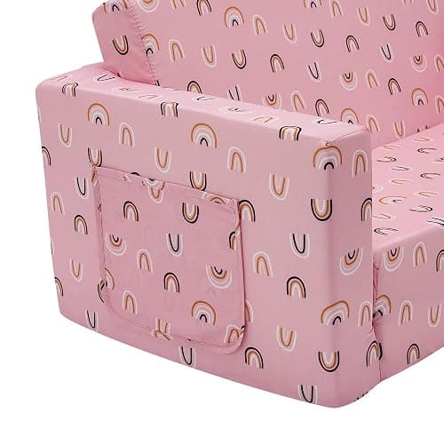 Ulax furniture Kids Fold Out Couch 2-in-1 Children Convertible Sofa to Lounger with Soft Plush Fabric(Pink Rainbow) thumbnail 6