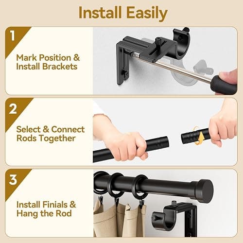YaFex Curtain Rods 2 Pack 32-58 Inch, Heavy Duty 1 Inch Curtain Rod, Black Short Adjustable Window Treatment Rods, Modern Design, Easy Installation thumbnail 8