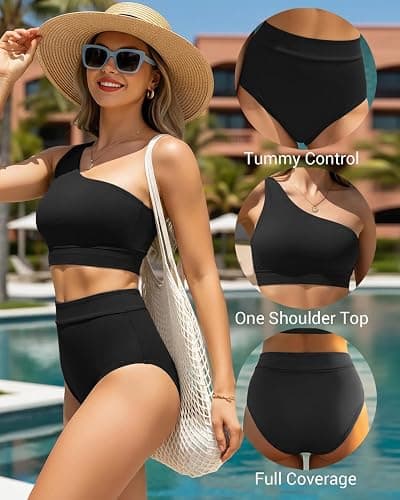 Holipick Women One Shoulder High Waisted Bikini Set Two Piece Tummy Control Swimsuits Full Coverage Bathing Suit thumbnail 5