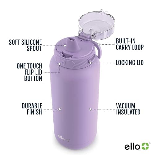 Ello Cooper 32oz Stainless Steel Water Bottle with Straw and Carry Handle, Double Walled and Vacuum Insulated Metal, Leak Proof Locking Lid with Soft Silicone Spout, Reusable, BPA Free, Lilac thumbnail 4