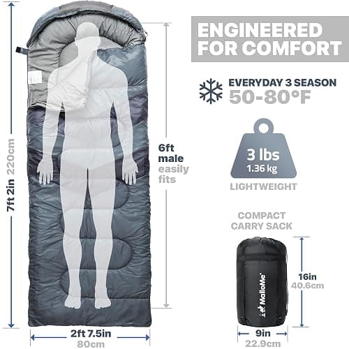 MalloMe Sleeping Bags for Adults Cold Weather & Warm - Backpacking Camping Sleeping Bag for Kids 10-12, Girls, Boys - Lightweight Compact Camping Essentials Gear Accessories Hiking Sleep Must Haves thumbnail 2