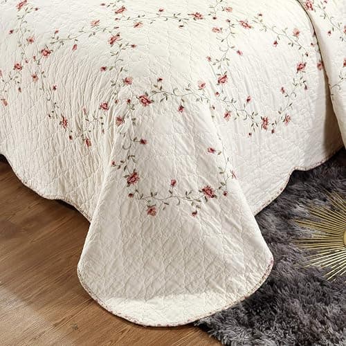 vctops 3-Piece Floral Embroidered Bedspread Coverlet Set Twin Size 100% Cotton Reversible Patchwork 1 Quilt and 2 Pillow Shams (Flower,Twin) thumbnail 4