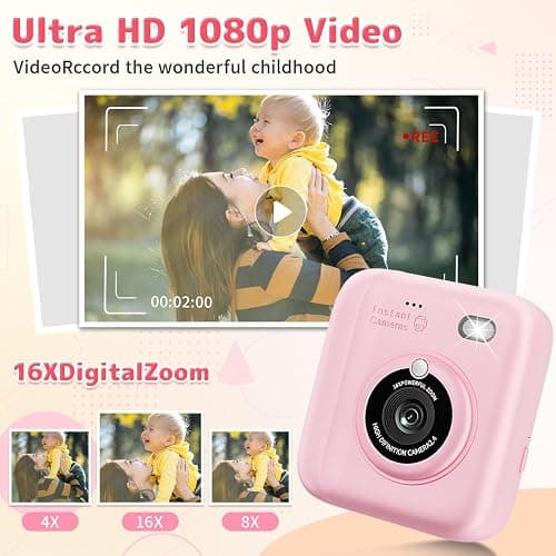 Instant Print Camera for Kids, Christmas Birthday Gifts for Girls Boys, 1080P Instant Digital Print Cameras for Toddler,Portable Toy for 4 5 6 7 8 9 10 Year Old Girl with 32GB SD Card，Pink thumbnail 4