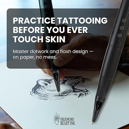 Tattoo Practice Pen by Inlumino Heart Ink – Wireless Rotary Dot Pen Machine with 8 Black Ballpoint Cartridges – Electric Tattoo Training Tool with 2 Batteries & Magnetic Carry Case thumbnail 2
