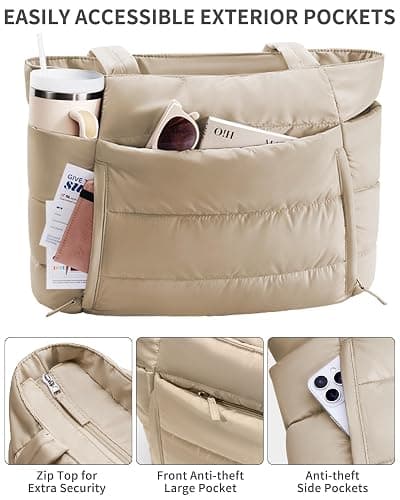 Bagstellar Puffer Tote Bag for Women, Lightweight Puffy Work Handbag Teacher Nurse Quilted Shoulder Bag for School Travel Gym | Cloud Bag w/ Zipper, Daily College Bags, 15.6" Computer Bag, Clinical Nursing Bag, 40 OZ Tumbler Holder, Ideal Gift for Women thumbnail 5