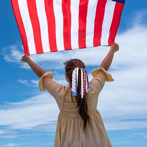 Girls Patriotic Ponytail Hair Ribbon Streamer 4th of July Red White Blue American Flag Pony Holder Elastic Hair Tie Bands Independence Memorial Day outfit Pigtail Decor Accessories thumbnail 5