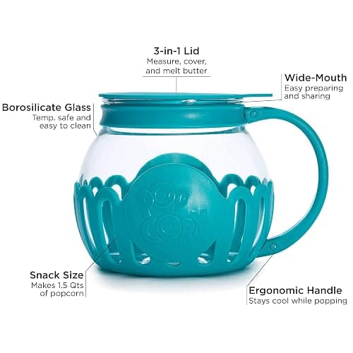 Ecolution Patented Micro-Pop Microwave Popcorn Popper with Temperature Safe Glass, 3-in-1 Lid Measures Kernels and Melts Butter, Made Without BPA, Dishwasher Safe, 1.5-Quart, Teal thumbnail 2