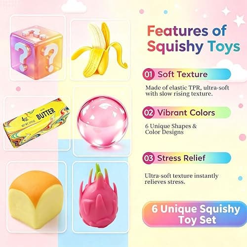 6 Pack Squishy Toy Box, Realistic Slow Rising TPR Sensory Fidget Toys, Soft Squeeze Toys, Assorted Gift Set for Adults and Kids, Desk Toys, Birthday Party Favors, Classroom Prizes thumbnail 4