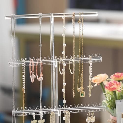 lengnoyp Premium Jewelry Stand, Earring Holder, Necklace Holder Stand, Clear 3-Tier Acrylic Large Storage Jewelry Organizer Stand & Bracelet/Bangles Stand, 48 Earring Holes Display Stands thumbnail 4