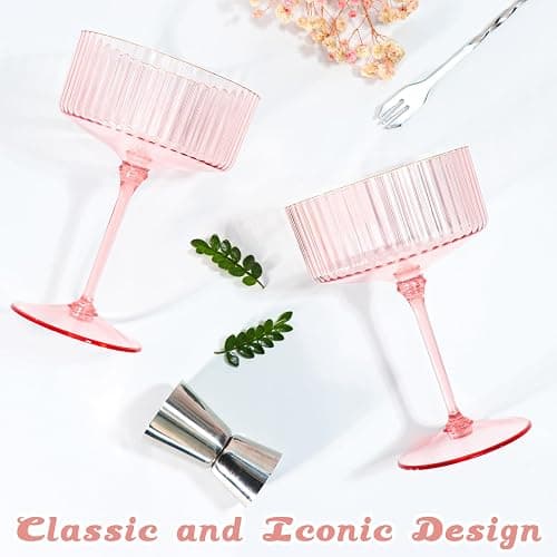 XUWAIDSGN 12 Pcs Champagne Martini Glasses 9 Oz with Gilded Removable Gold Rim Coupe Glasses Pink Martini Glasses Plastic Mimosa Vintage Coupe Glasses Set For Wedding Anniversary (12, Ribbed Pink) thumbnail 6
