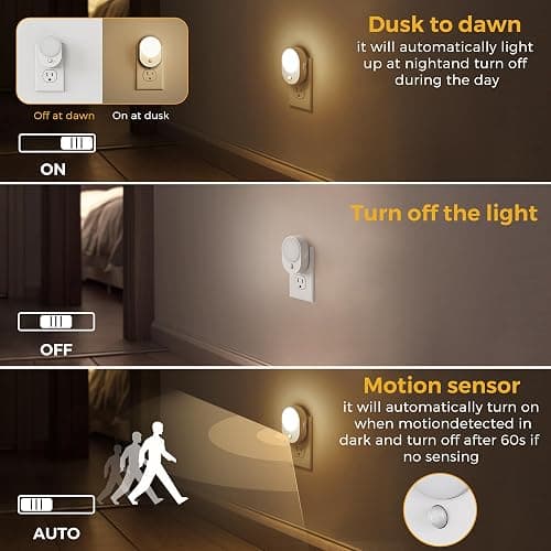 L LOHAS LED Motion Sensor Night Light,[2-PACK] Night Lights Plug into Wall,Motion Sensor and Dusk to Dawn Sensor,3000K Soft White,30/60/100lm Brightness Dimmable,Nightlight for Bathroom Hallway thumbnail 3
