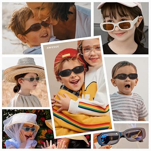 AWGSEE Retro Rectangle Kids Sunglasses 90’s Vintage Fashion Narrow Square Frame Glasses Shades for Girls Boys UV Protection - 2pack Black+white thumbnail 6
