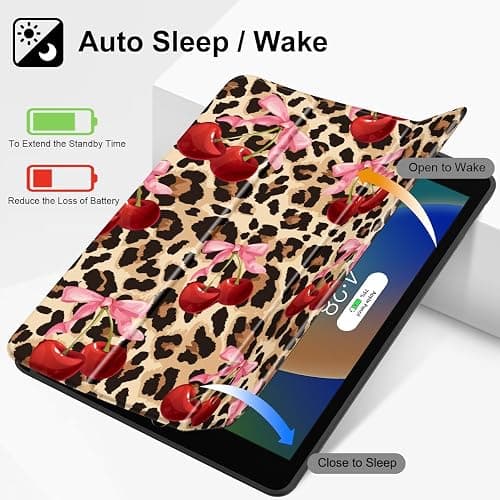 May ChenCase for iPad 10.2 Inch 2021 2020 2019 iPad 9th/8th/7th Generation with Pencil Holder, Slim Stand Protective Case with Soft TPU Back, Auto Sleep/Wake Cover, Cherry & Cheetah thumbnail 2