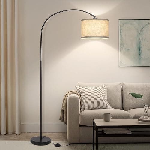 Arc Floor Lamps for Living Room, Modern Standing Lamp with Adjustable Hanging Drum Shade, Tall Pole Lamp with Foot Switch, Over Couch Arched Reading Light for Bedroom, Office (Black) - Image 1
