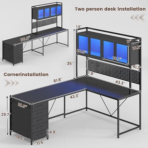SEDETA L Shaped Gaming Desk with Drawers, L Shaped Computer Desk with Hutch and Storage Shelves, Gaming Desk with Pegboard, Led Lights, and Power Outlet, Home Office Desk, Corner Desk, Black thumbnail 3