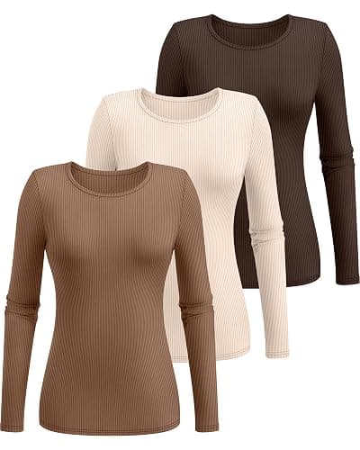Ficerd 3 Pack Women's Ribbed Long Sleeve Tops, Crew Neck Slim Fit Undershirts Knit Basic Casual Stretch Layering Tee Shirts thumbnail 4