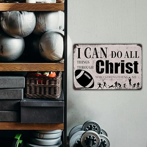 Football Wall Decor for Boys – “I Can Do All Things Through Christ” Inspirational Tin Sign – Christian Sports Room Art for Kids Bedroom or Locker Room, 8x12 Metal Football Sign thumbnail 4