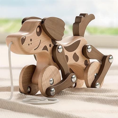 Montessori Toys 1 2 3 4 Years Old Boys Girls Wooden Walking Pull Dog Toy for Baby Toddler, Pull Along Walking Toys, Walk Along Puppy Pull, Wooden Pull & Push Toy - Dog