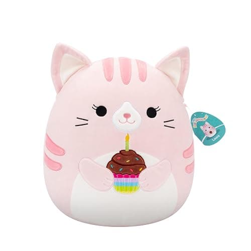 Squishmallows Original 14in Laura The Pink Tabby Cat Holding Birthday Cupcake – Official Jazwares Plush (Large) - Image 1