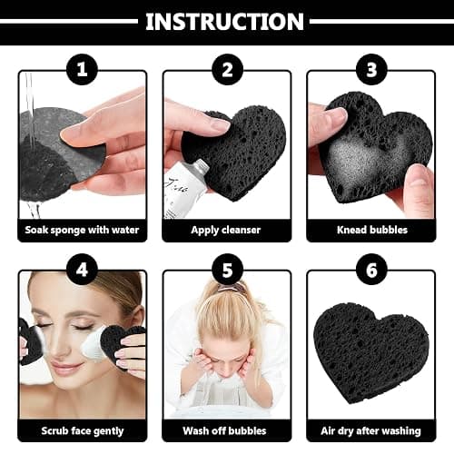 Nuenen 60 Pieces Facial Sponges with Container, Heart Shape Compressed Face Sponges Natural Cleaning Pads for Washing Face Cleaning Exfoliating Esthetician Makeup Removal(Black) thumbnail 4