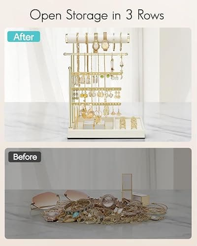 VLANDO Jewelry Stand Organizer with Ring Holder, Mothers Day Mom Gifts, Jewelry Holder Organizer with Tray, Necklace Holder Bracket Holder Earring Holder - Cloud White thumbnail 7