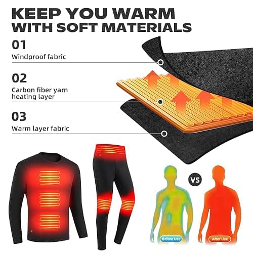 J JINPEI Heated Thermal Underwear Set, Men Women Electric Heated Long Sleeve Long Johns Ultra-Soft Base Layer, Clothes Pants for Cold Weather-Black (M) thumbnail 4
