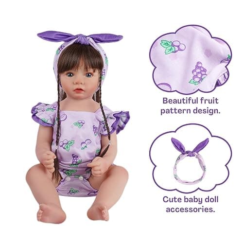 BABESIDE 2 Pcs Reborn Baby Doll Clothes Set for 17-22 Inch Babydolls, Fruit Pattern Baby Dolls Clothes Accessories with Headband for Realistic Babydoll Girl, Purple Grapes thumbnail 2