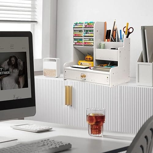 Notwoe Schreibtisch Organizer mit Schublade,Vielseitig einsetzbar Stiftehalter,Stiftehalter Schreibtisch,Desk Organizer Weiß Für Zuhause,Büro und Schule. (Weib-A) thumbnail 3