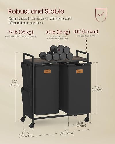 VASAGLE Laundry Hamper, Laundry Sorter Rolling Cart with Shelves, Small Side Pockets, 6 Labels, 2 Compartments, 26.4 Gal. (100 L), Ink Black and Ash Brown UBLH222BH01 thumbnail 3