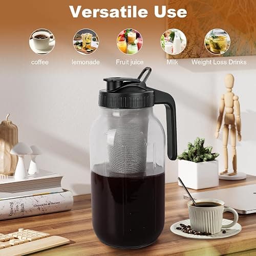 QHH Cold Brew Coffee Maker, 64 oz Mason Jar Pitcher with Stainless Steel Filter, Pour Spout Handle Lid, Airtight & Leak-Proof for Iced Coffee,Tea & Lemonade thumbnail 6
