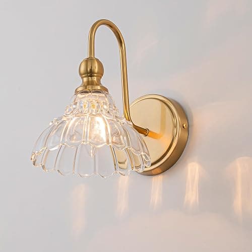 BrkNit Vintage Bathroom Light Fixtures Over Mirror, 1-Light Brass Wall Sconce Lighting with Flower Glass Shade, Farmhouse Vanity Lights for Bedroom Kitchen Living Room Hallway Light - Image 1