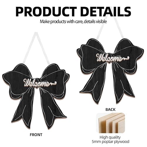 Black Bow Decor Hanging Sign Cute Coquette Bow Decoration Double-sidedWooden Bowknot Welcome Door Sign for Preppy Room Wall Home Bedroom Fall Halloween Indoor Outdoor Porch thumbnail 4